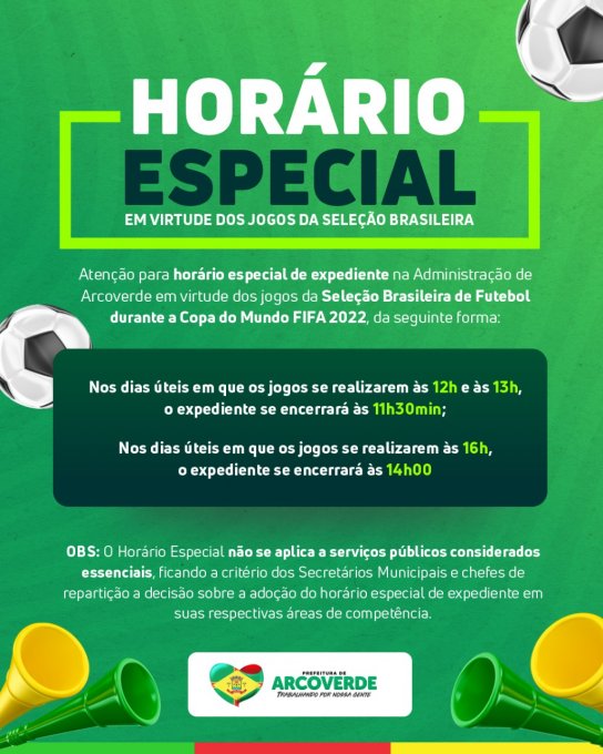 COMUNICADO: HORÁRIOS DE ATENDIMENTO AO PÚBLICO NOS DIAS DOS JOGOS DO BRASIL  NA COPA DO MUNDO FIFA 2022 - Prefeitura de Quadra